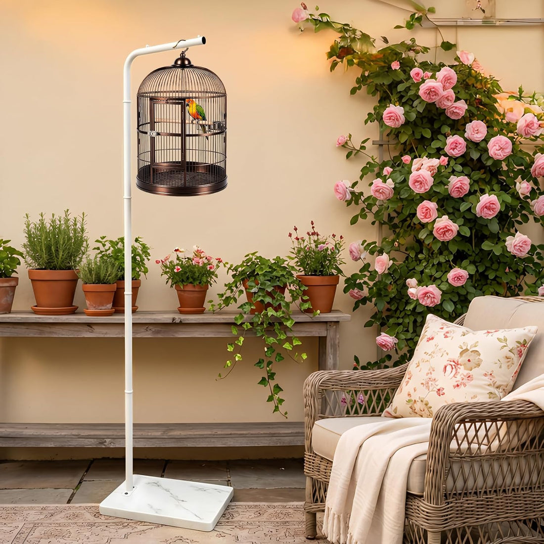 67 Inch Tall White Metal High Hanging Bird Cage Stand with Sturdy Base