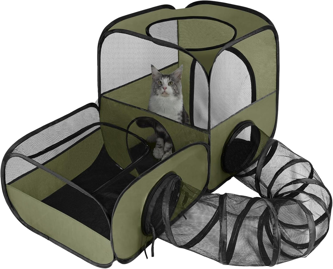 Cat Playpen with Tunnel, Foldable Indoor & Outdoor Cat Enclosure