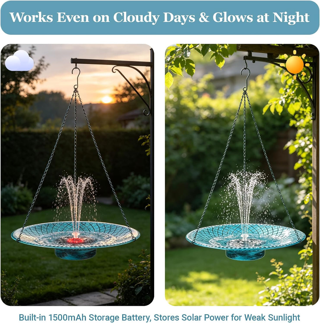 19.6" Large Hanging Bird Bath with Solar Fountain