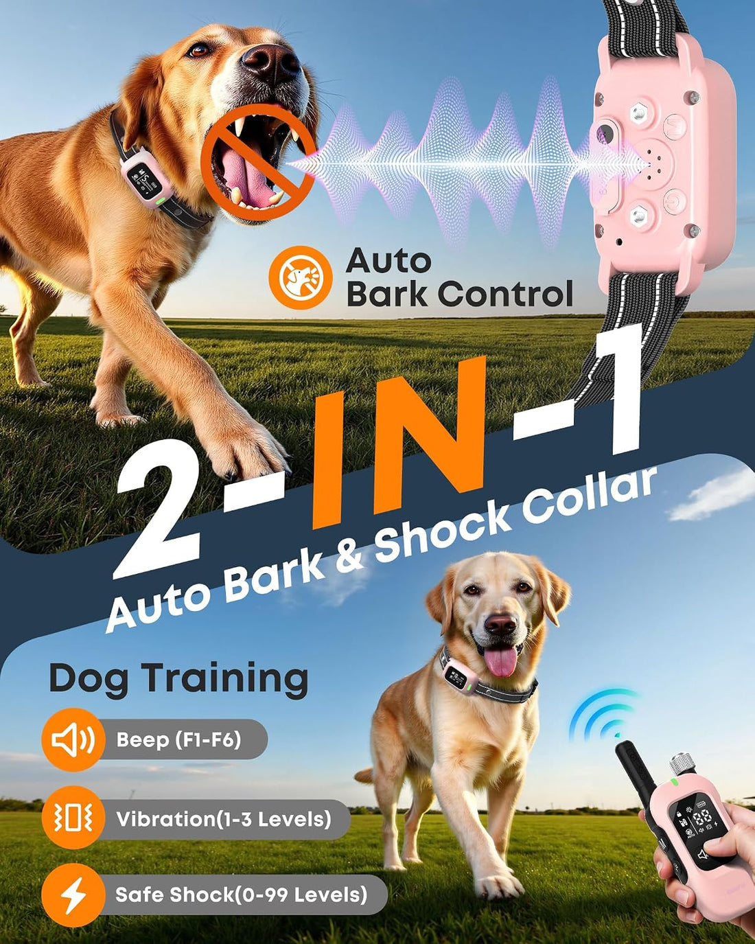 2-in-1 Dog Bark & Shock Collar with Remote, 4500FT Training Range