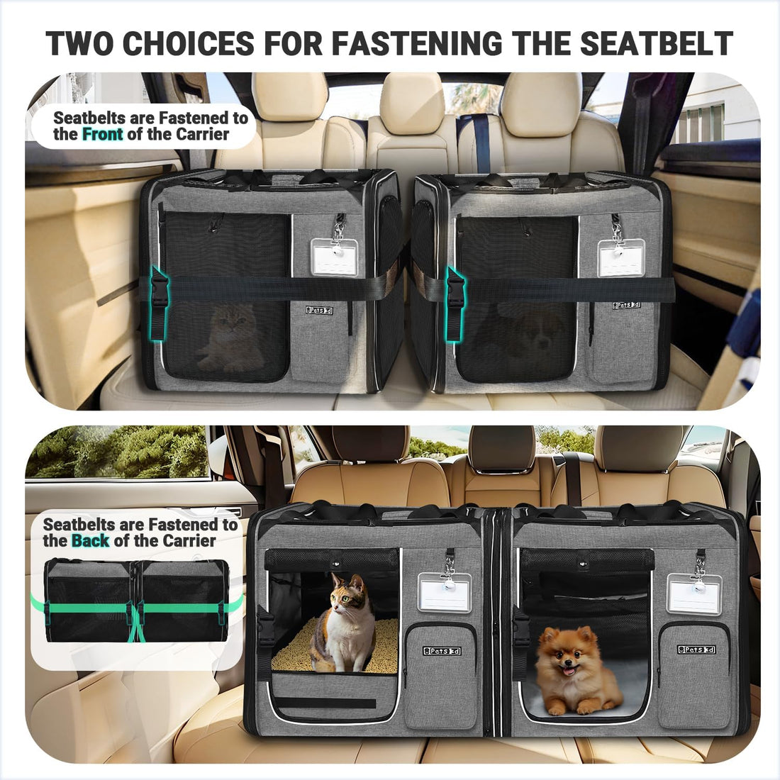 Petskd 2 in 1 Double Cat Car Travel Carrier with Litter Box