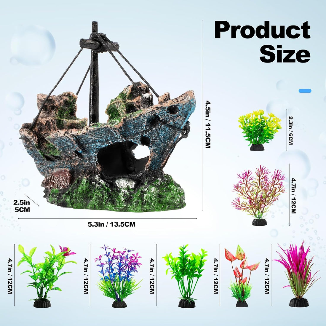 8Pcs Fish Tank Decorations Set Sunken Ship Decoration,Resin Material
