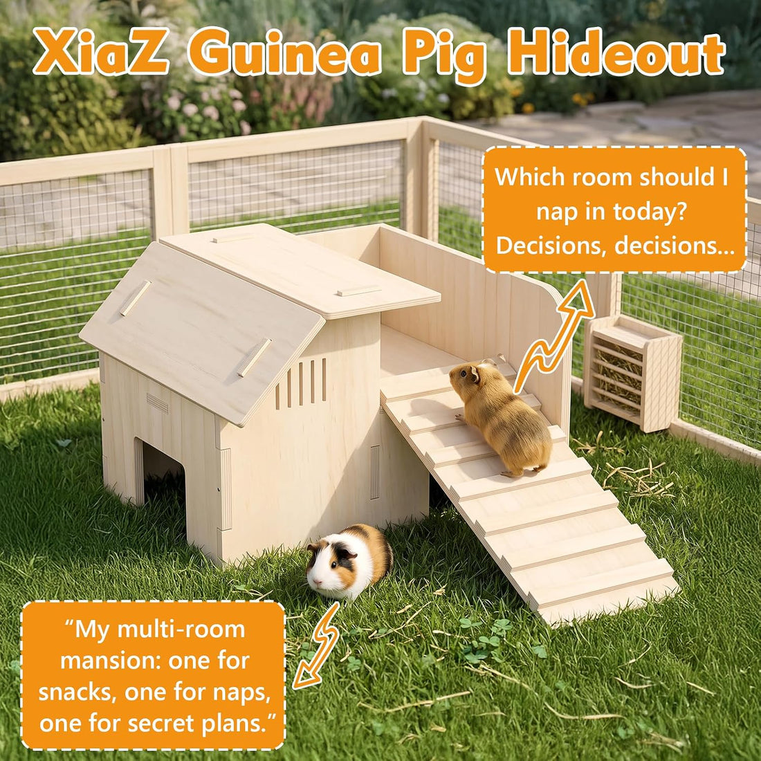 XiaZ Guinea Pig Hideout, Large Wooden Guinea Pig Castle with Stair