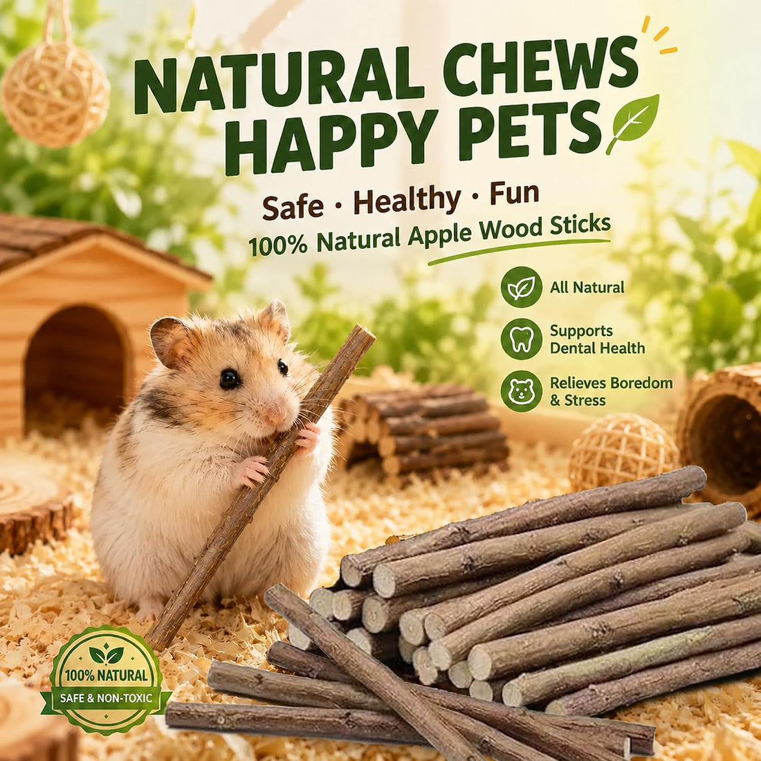WDEFUN 500g Organic Apple Sticks Small Animals Molar Wood Treats Toys