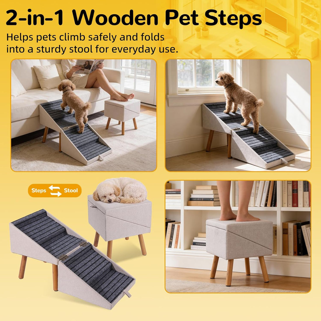 Dog Stairs for Small Dogs, 2-in-1 Dog Safety Ramp and Ottoman