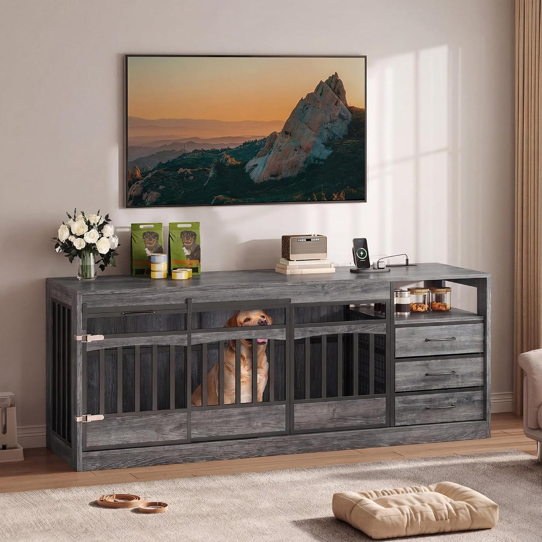 68.9" Double Dog Crate Furniture with 3 Storage Drawers,Grey