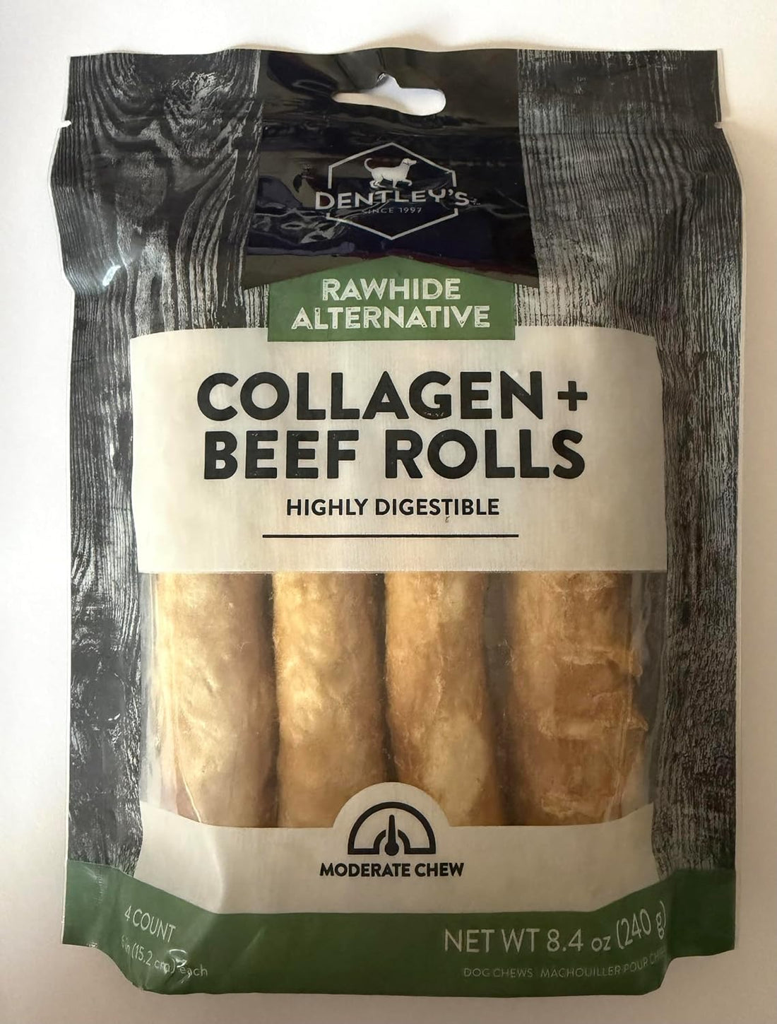 Rawhide Alternative Beef Collagen Rolls 4 Count 6 inch 8.4 oz