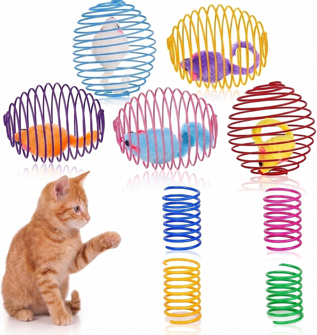 9 Pcs Cat Spring Toys Stretchable Metal Cage Spring Balls with Mice