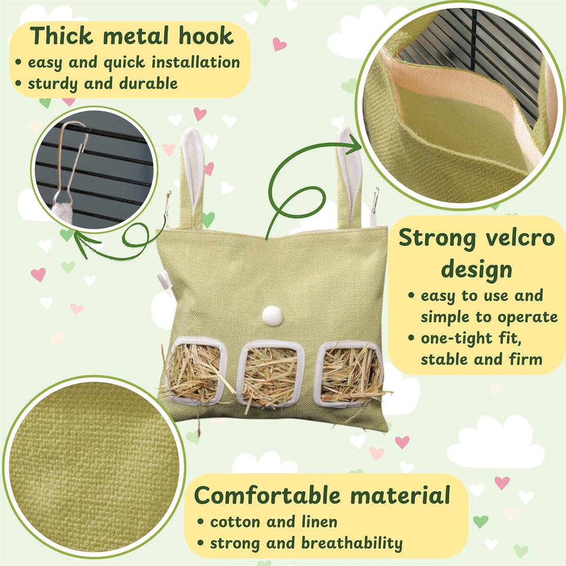 Cute Hanging Rabbit Hay Feeder Bag, Guinea Pig Hay Bag