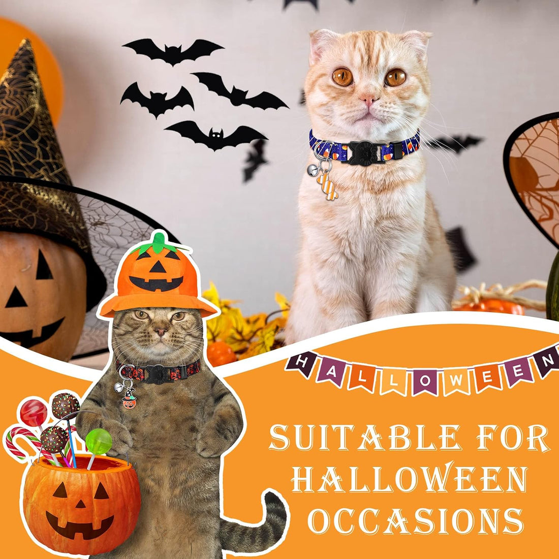 Sanwuta 8 Pcs Halloween Cat Collars Breakaway with Bell