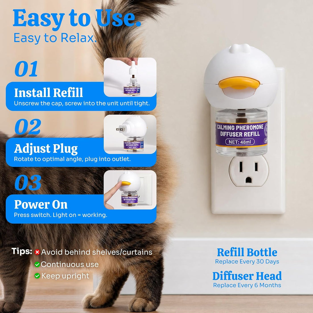 Cat Calming Diffuser, Premium Pheromone, 1 Plug-in+2 Refills