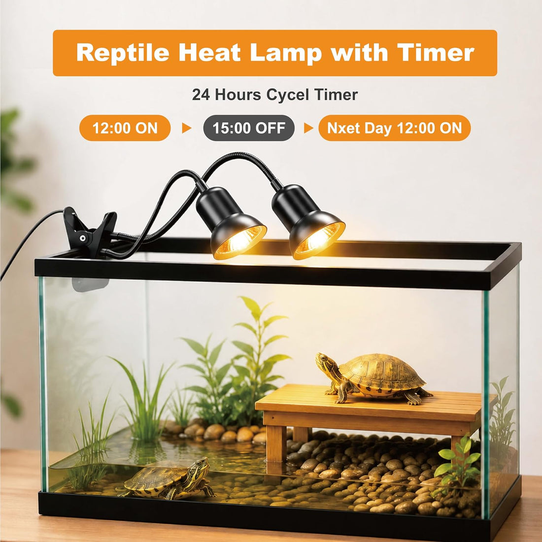 Dual Head Reptile Heat Lamp, 3H/6H/9H Timer, 0-10 Level Dimming