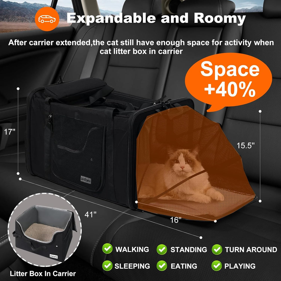 pidipiti 25x17x17 Extra Large Expandable car cat Carrier with