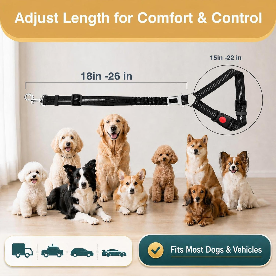 Dog Seat Belt for Car 2 Pack, 3-in-1 Adjustable-Length Bungee Tether