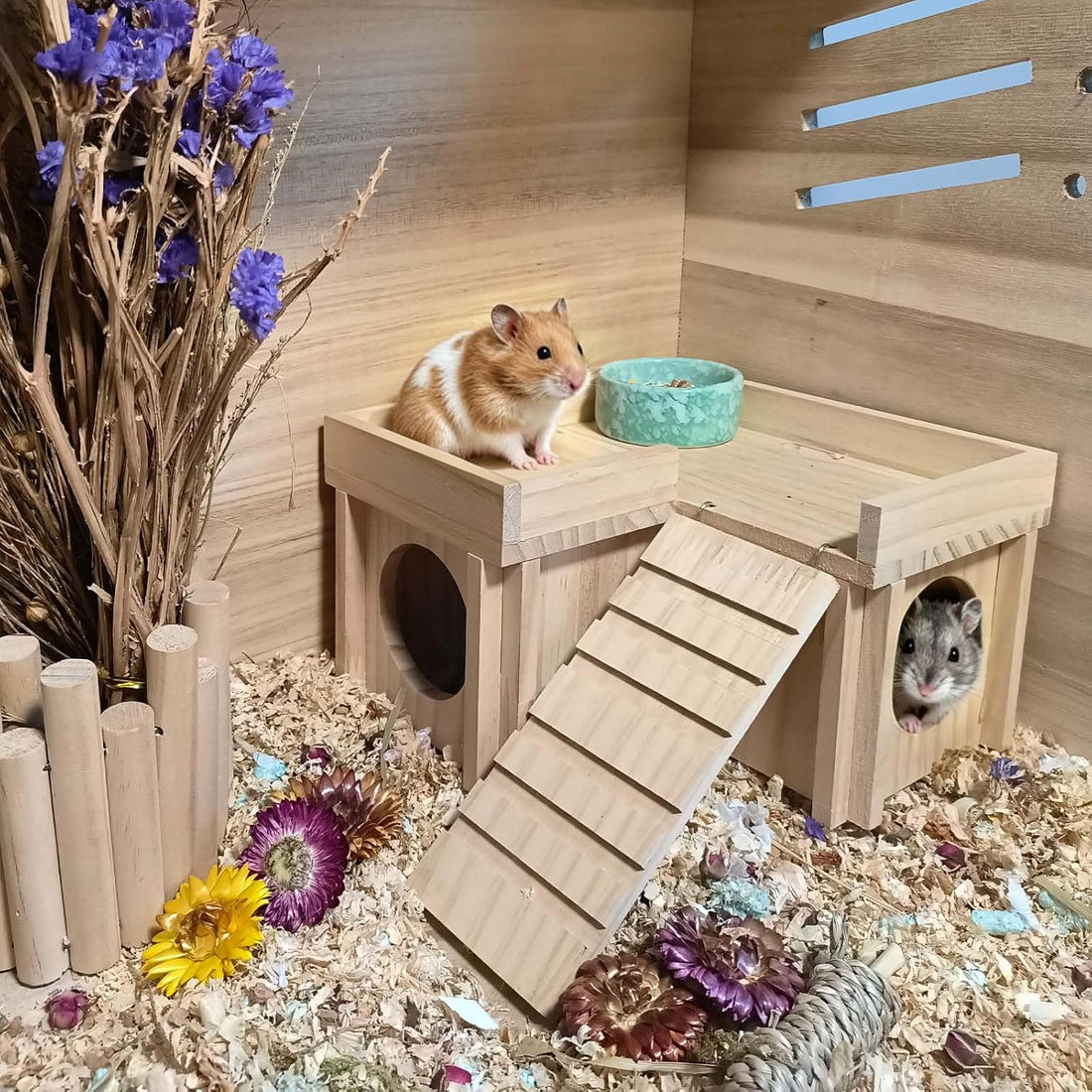 Wooden Hamster Hideout House with Platform, Bowl & Ladder