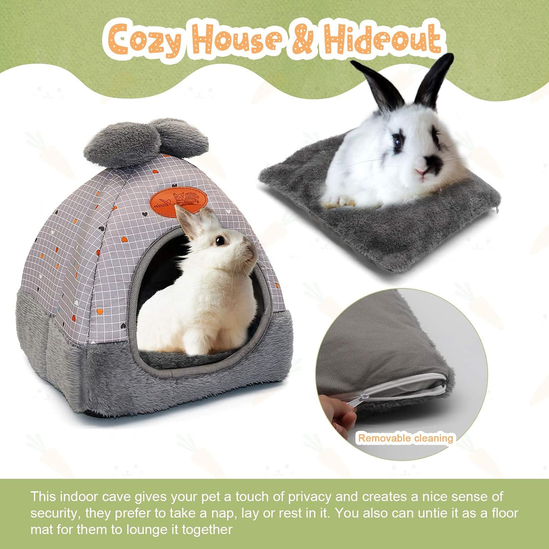 YUEPET Bunny Bed, Rabbit Hideout, Guinea Pig Cave, Grey Grid with Bow
