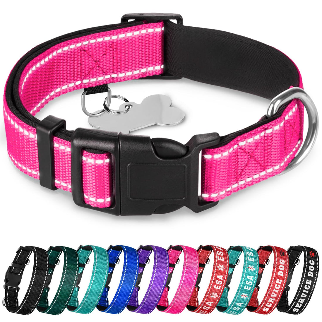 TECEUM Reflective Dog Collar โ Hot Pink โ M โ Extra Soft Padding