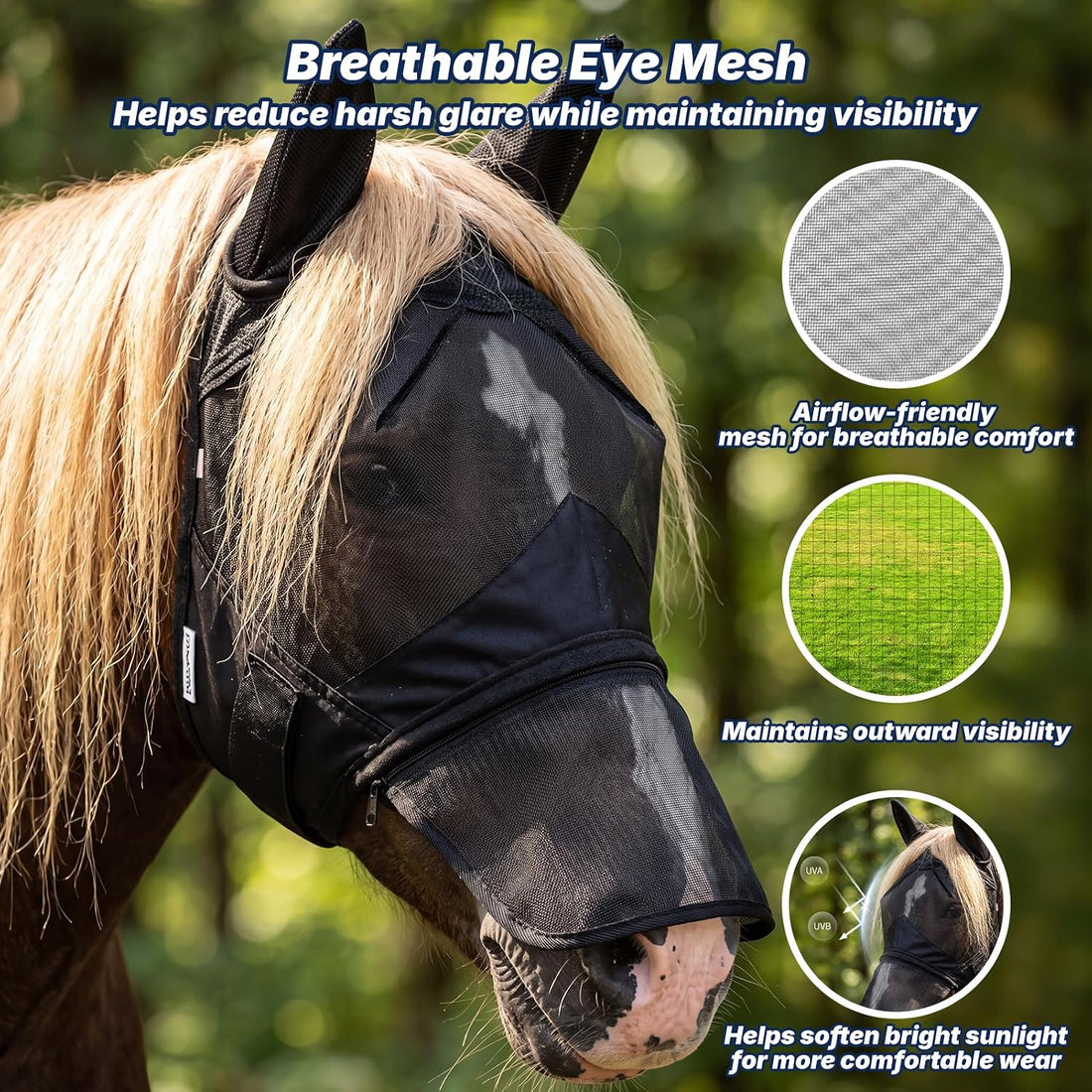 Horse Fly Mask with Ears & Detachab Nose Cover, Medium