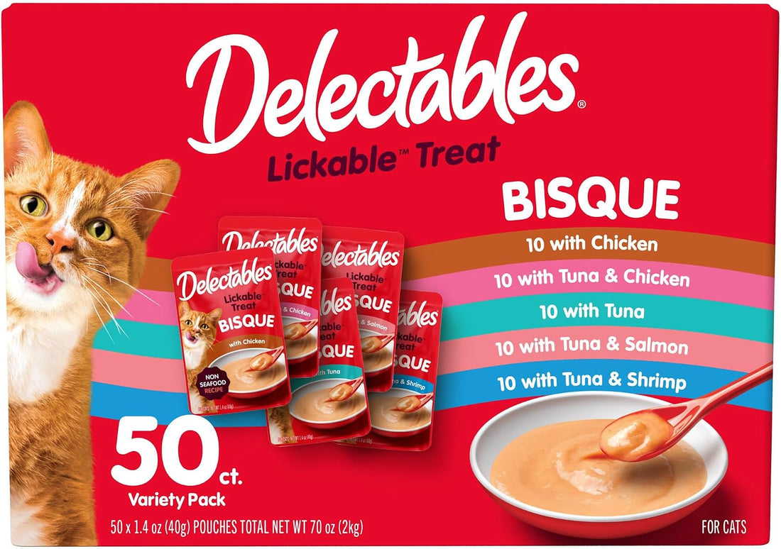 Delectables Lickable Treat Bisque Wet Cat Treats, Variety Pack, 50ct
