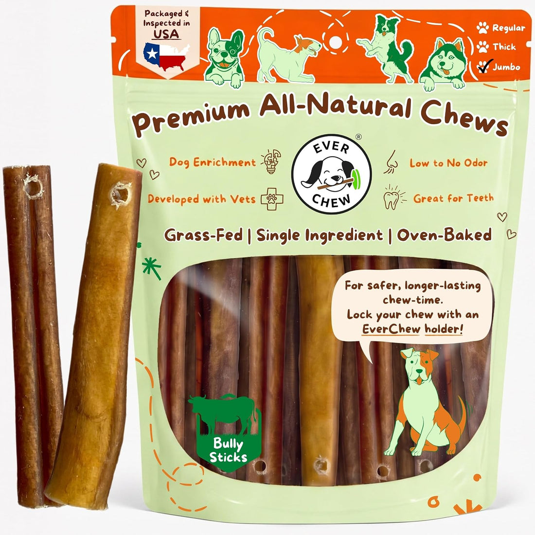 Low-Odor Bully Sticks for Dogs, 6" 100% Beef Refill Pack, Thick 10 Ct