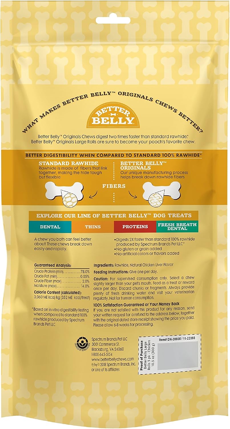Better Belly Highly Digestible Rawhide Large Roll Chews, 3 Count