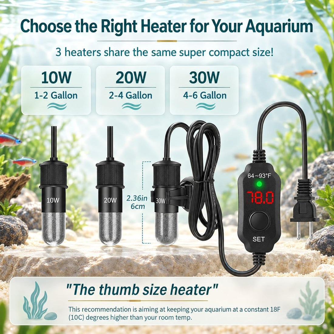 Thumb-Sized 10W Super Mini Aquarium Betta Heater for 1-2 Gallon Small