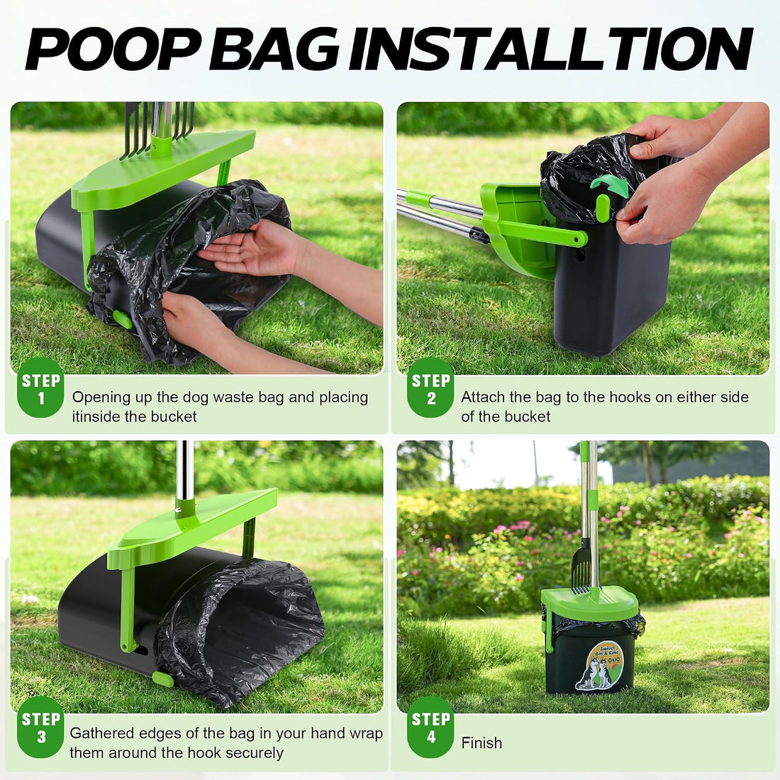 UPSKY 33.4" Dog Pooper Scooper Swivel Bin & Rake Kit with 100 Waste