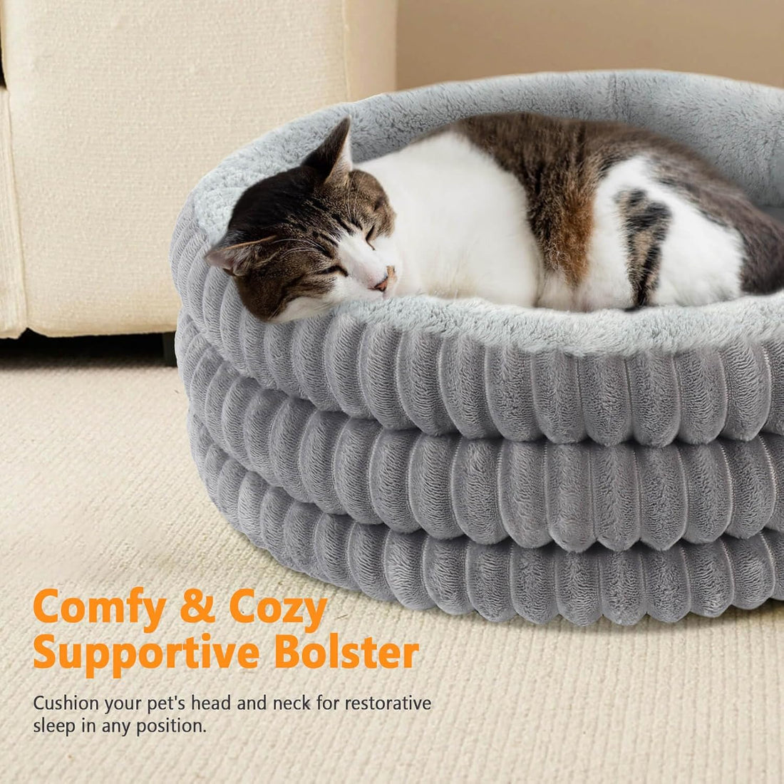 Heated Cat Bed Indoor, 20" Round Donut Deep Sleep Calming Heated Pet
