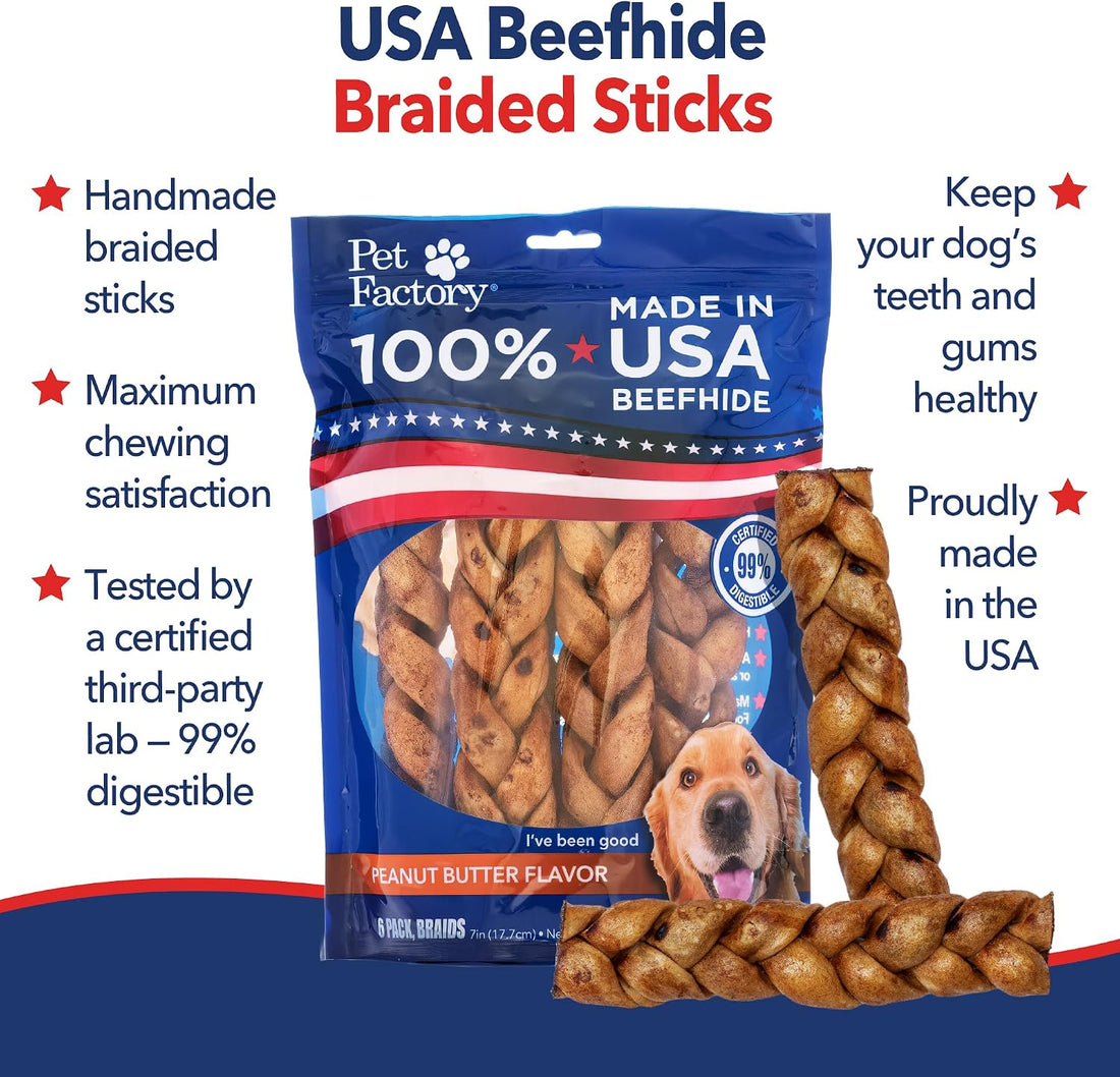 Pet Factory 7in Braided Beefhide Dog Chew Sticks with Peanut Butter