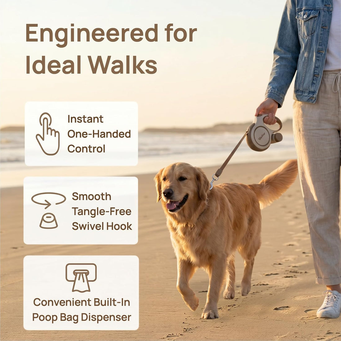 26ft Retractable Dog Leash for Large Dogs up to 110 lbs, Khaki