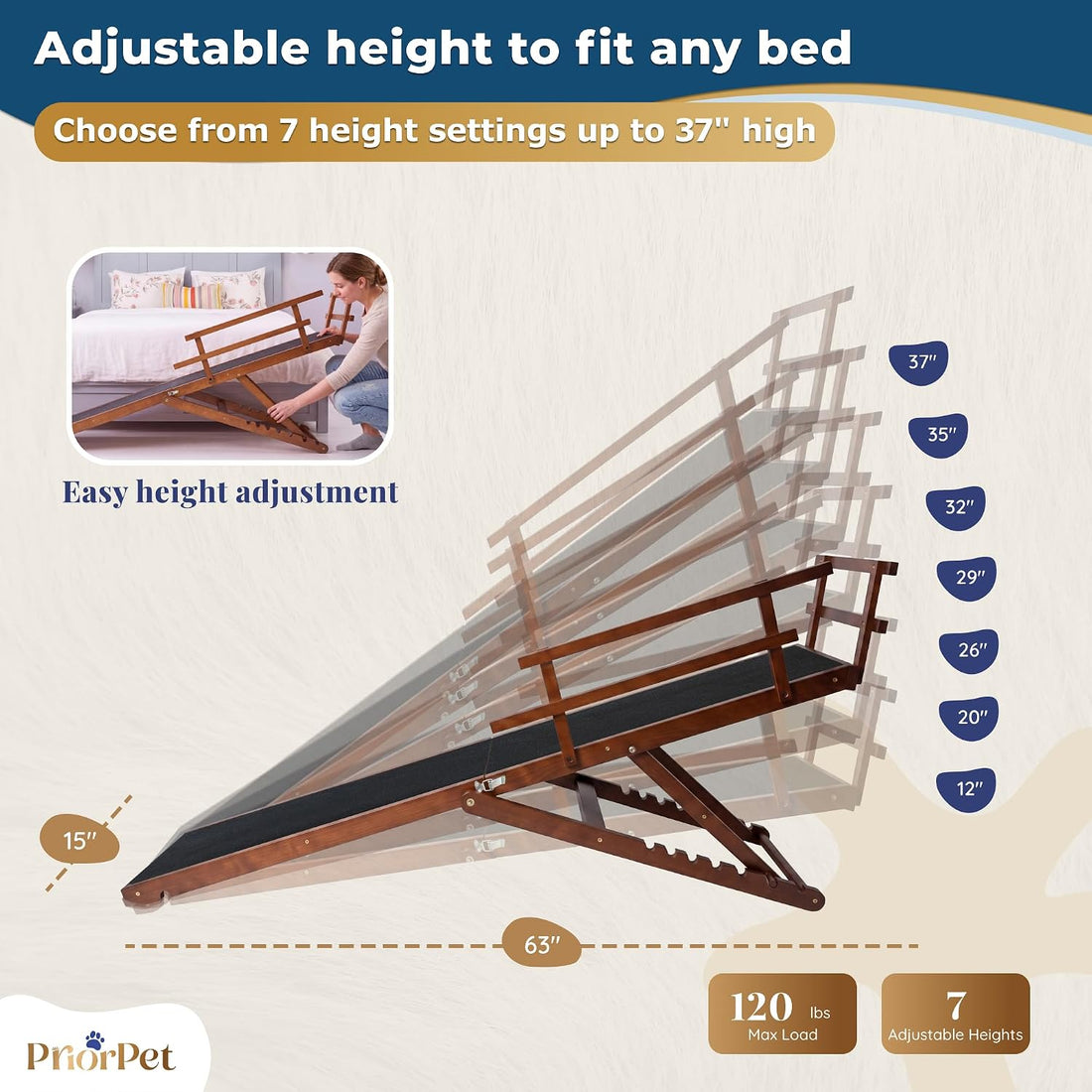 Dog ramp for Bed - PRIORPET Birchwood Adjustable Ramp for Dogs to Get