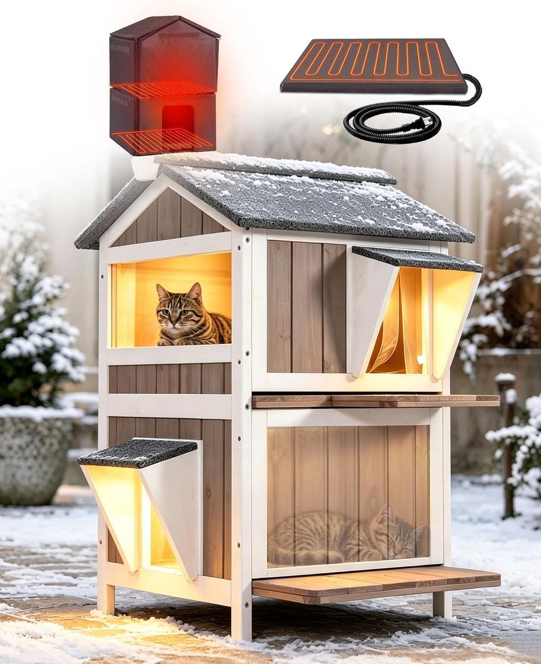 2-Story Heated Cat House Outdoor Indoor Solid Wood Kitty Condo