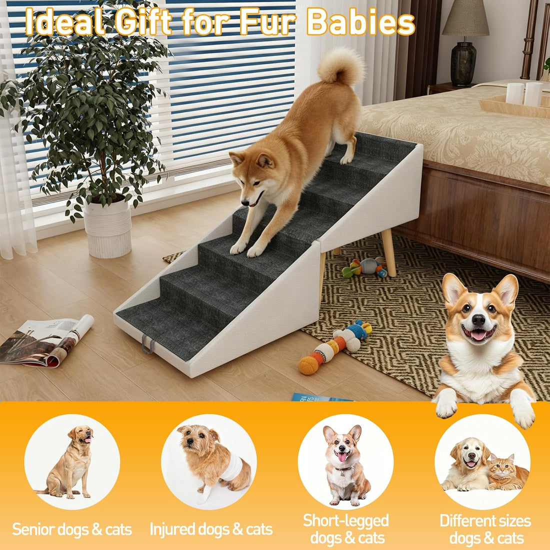 Dog Stairs for High Bed & Couch, 2-in-1 Foldable Ottoman Dog Ramp