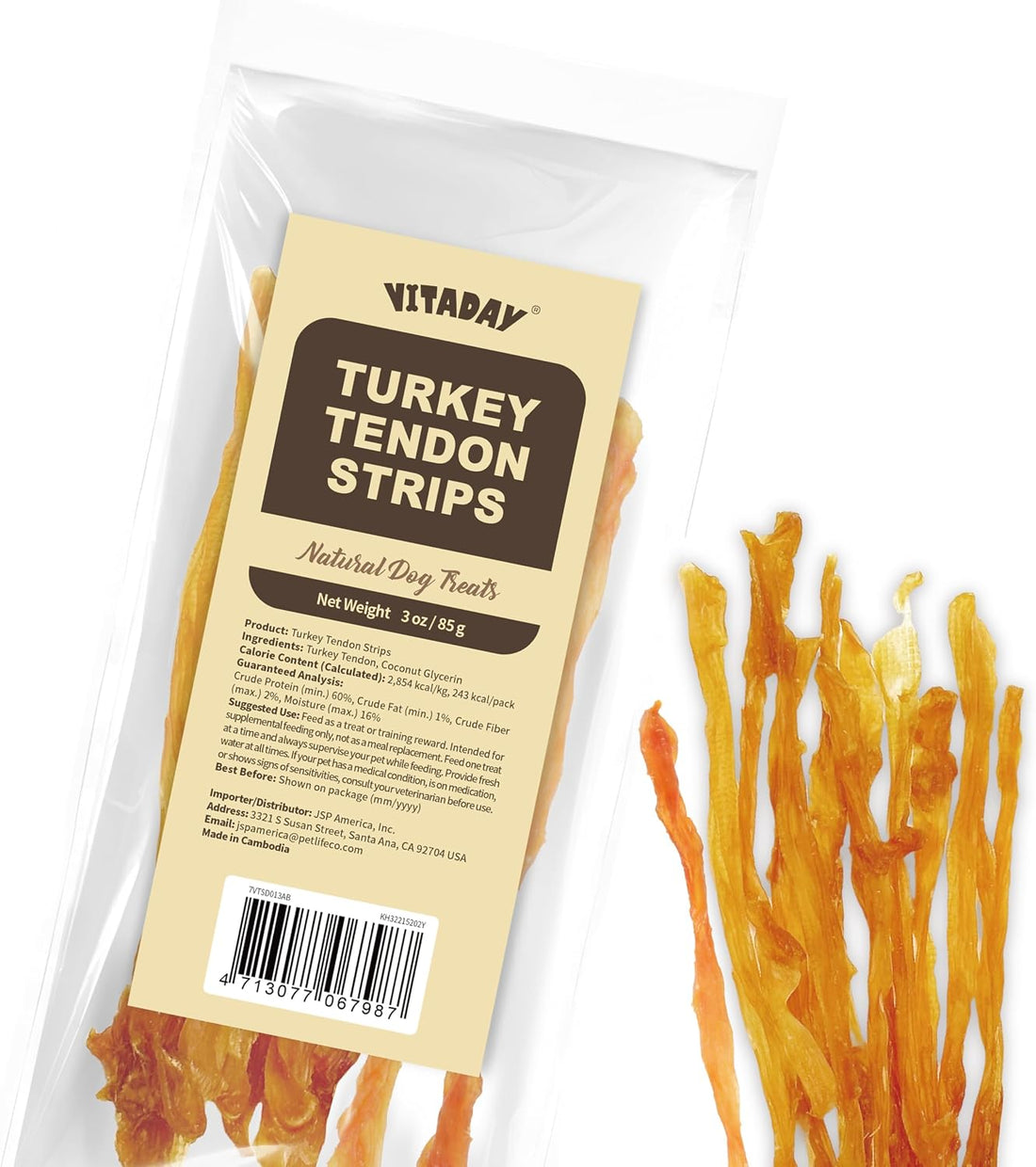 VITADAY Turkey Tendon for Dogs, USA-Sourced, Strips, 3 oz