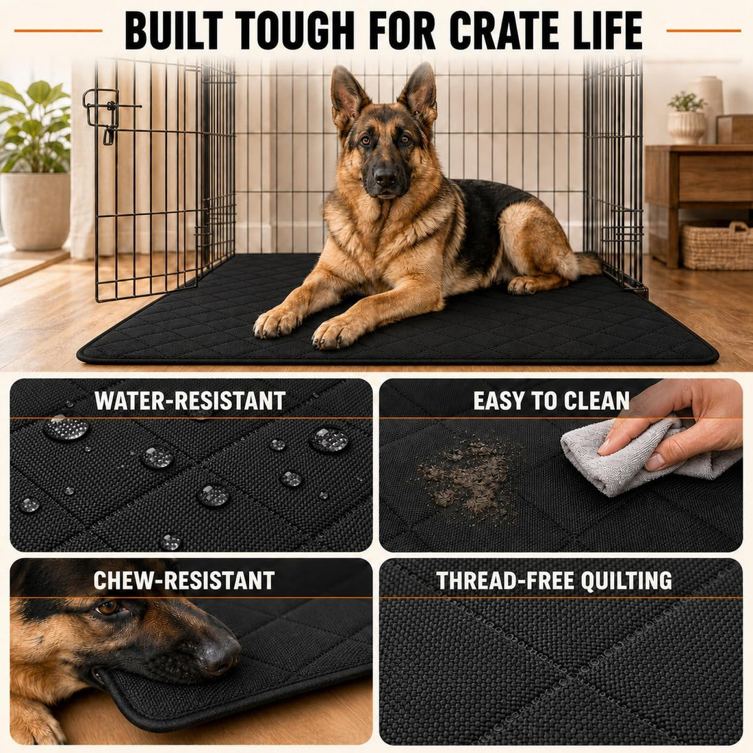 Chew Resistant Dog Bed, Durable Dog Crate Pad, 41 x 28 Inch, Black