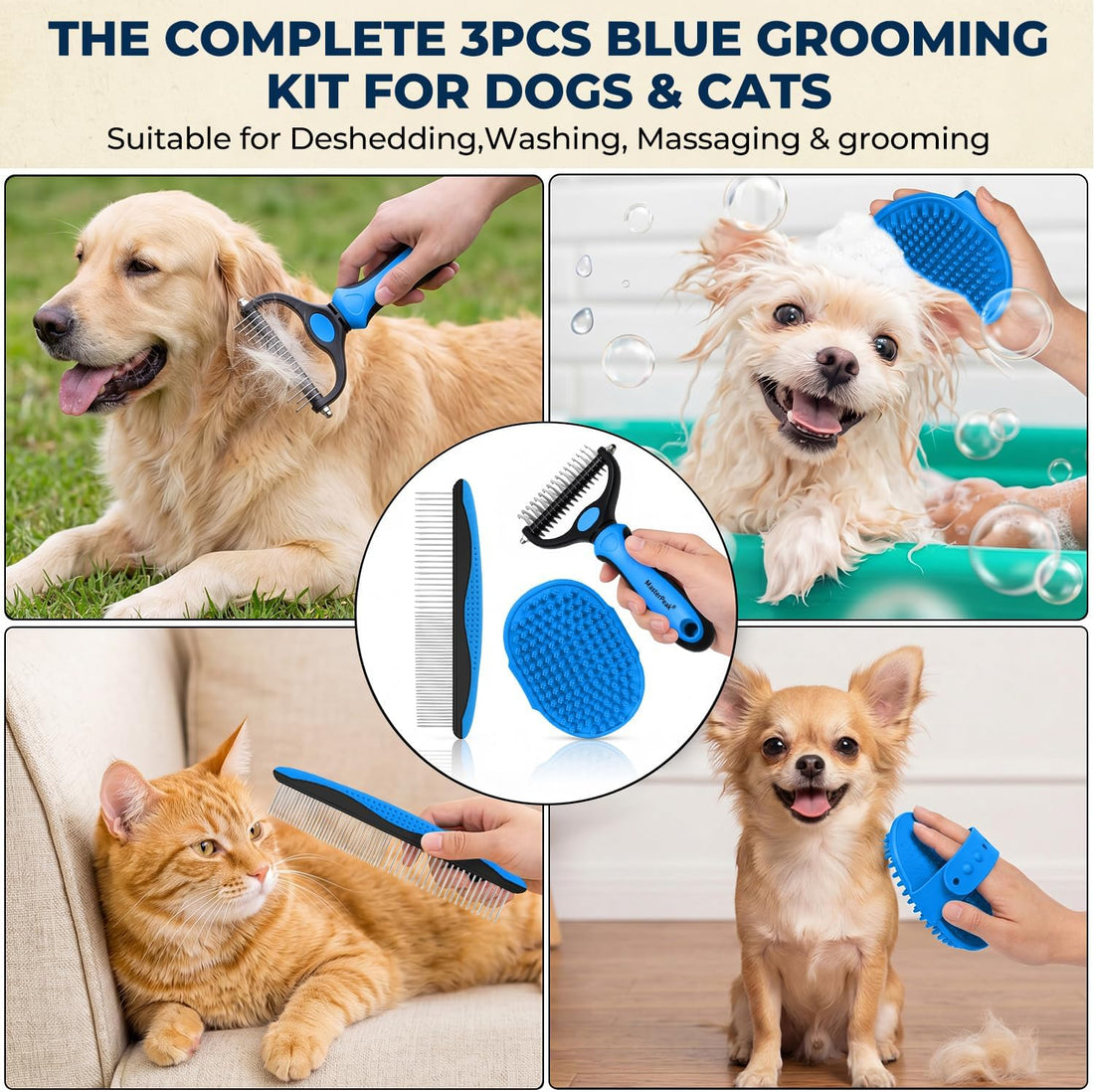 3-in-1 Pet Grooming Kit Rake Metal Comb & Bath Brush