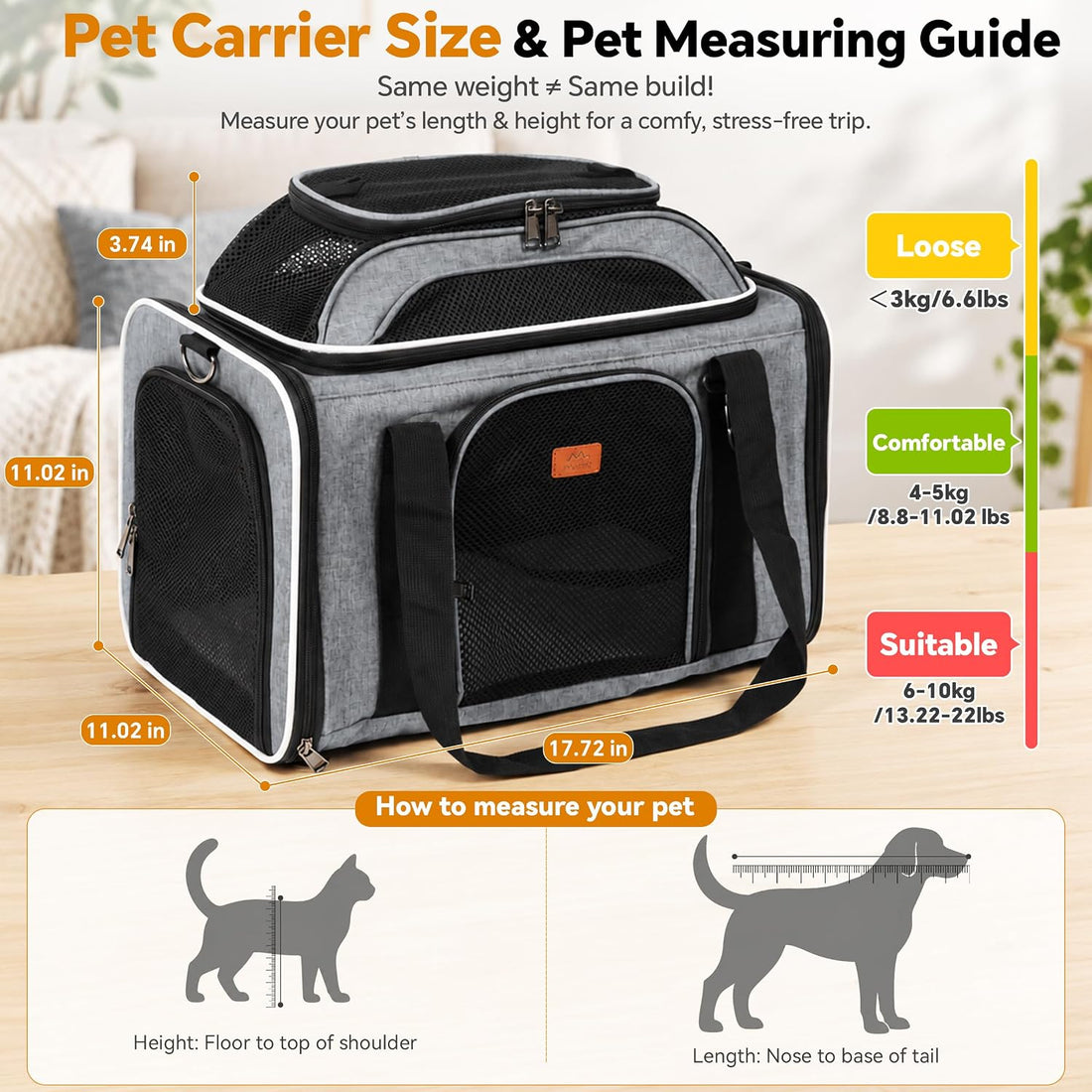 Expandable Top Pet Carrier 18x11x11 Inches, for Cats & Small Dogs