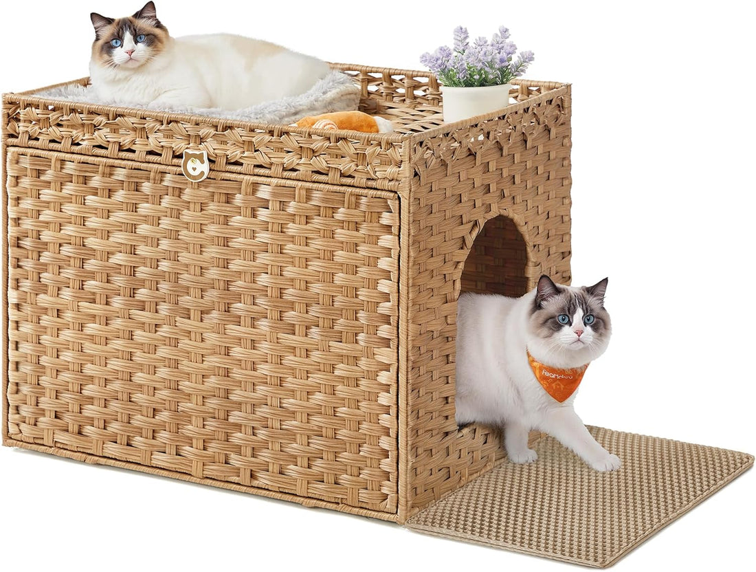 Feandrea Cat Litter Box Enclosure, Handwoven Rattan End Table