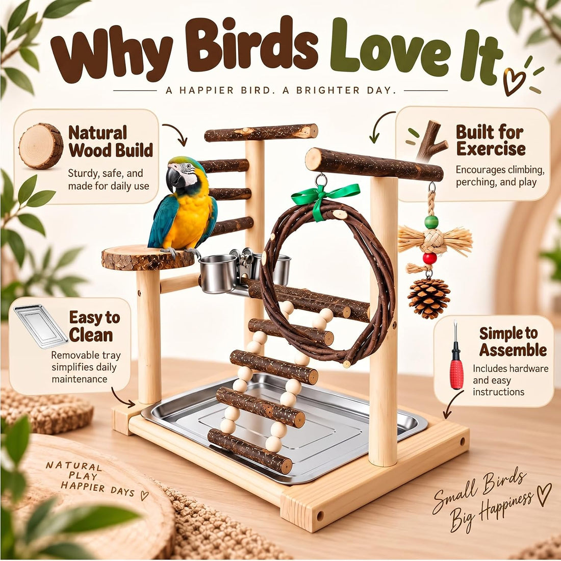 SCETTAR Bird Playground, Natural Wood Parrot Stand with Feeding Cups