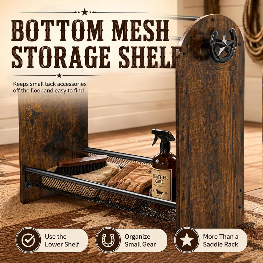 Saddle Rack Stand, Freestanding Horse Saddle Holder with Mesh Shelf