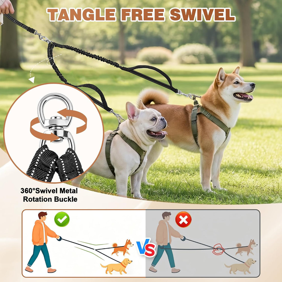 Tangle Free Double Dog Leash for Two Dogs,360° Swivel,for Medium Dogs