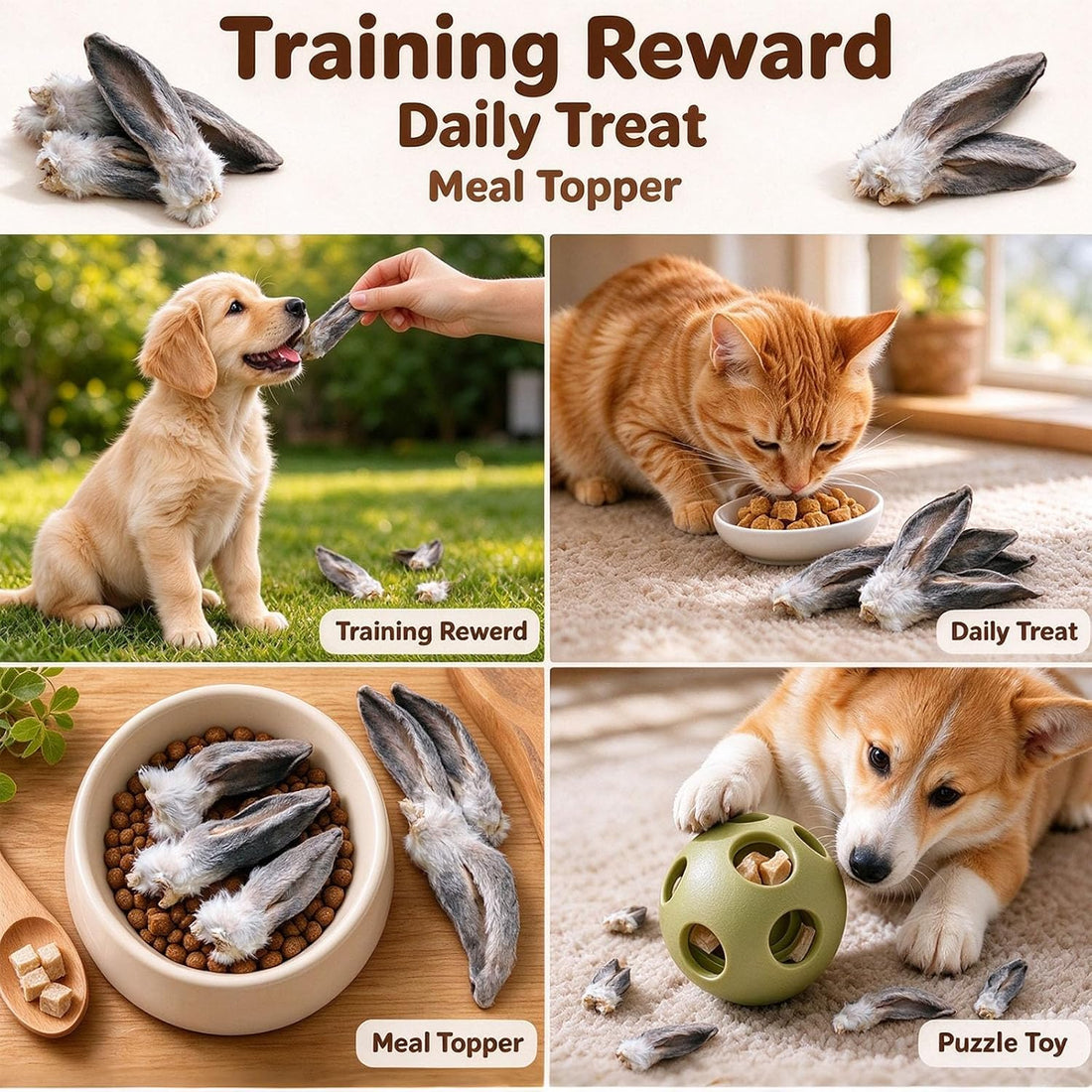 Freeze Dried Rabbit Ear, Single Ingredient Dog Chew, with Fur