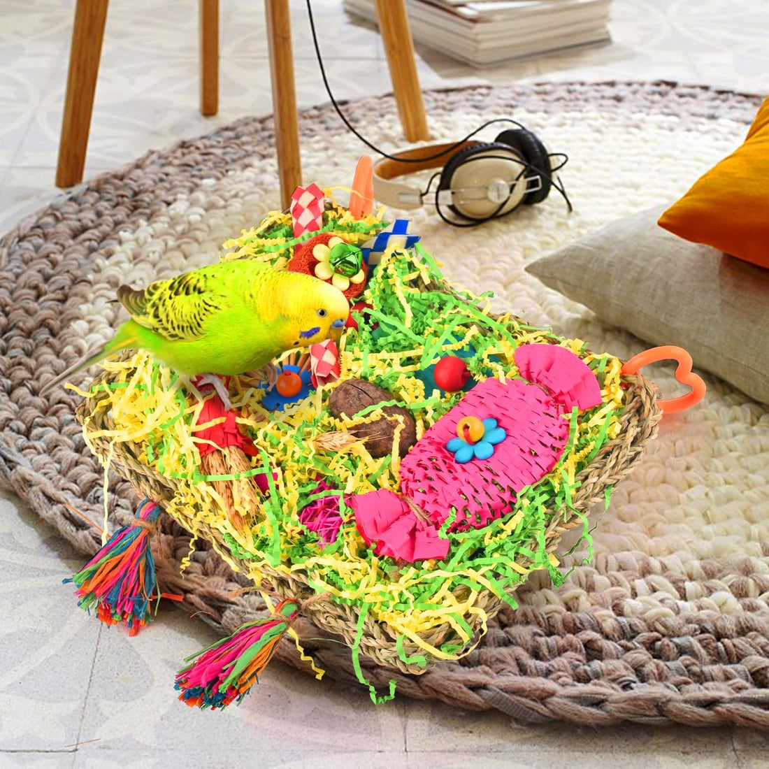 KATUMO Bird Toy, Large Size Grass Mat Foraging Shredding Hanging Toy