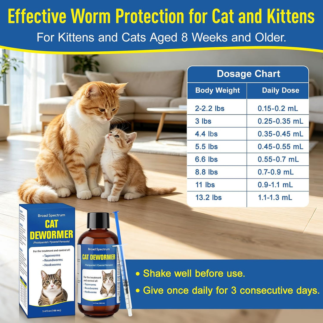 Dewormer for Cat and Kittens, Triple Dewormer for All Worms
