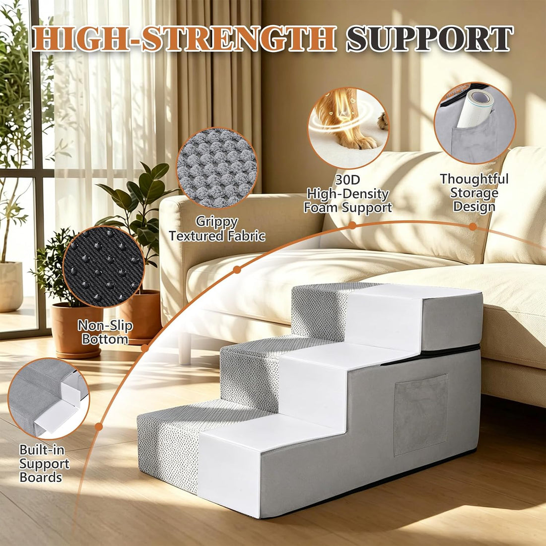 Dog Stairs for High Bed, Dual Reinforced Support Pet Steps for Large