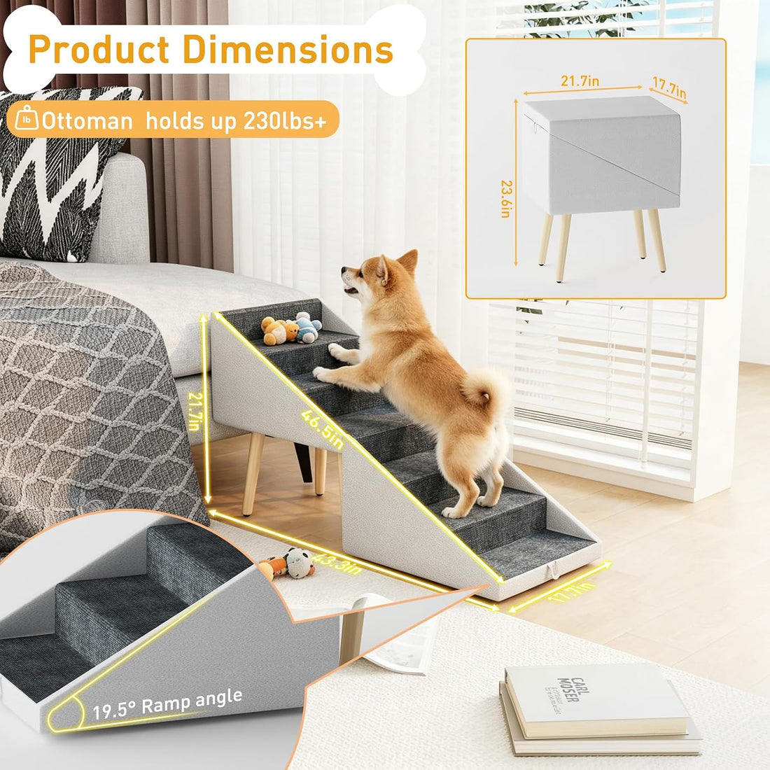 Dog Stairs for High Bed & Couch, 2-in-1 Foldable Ottoman Dog Ramp