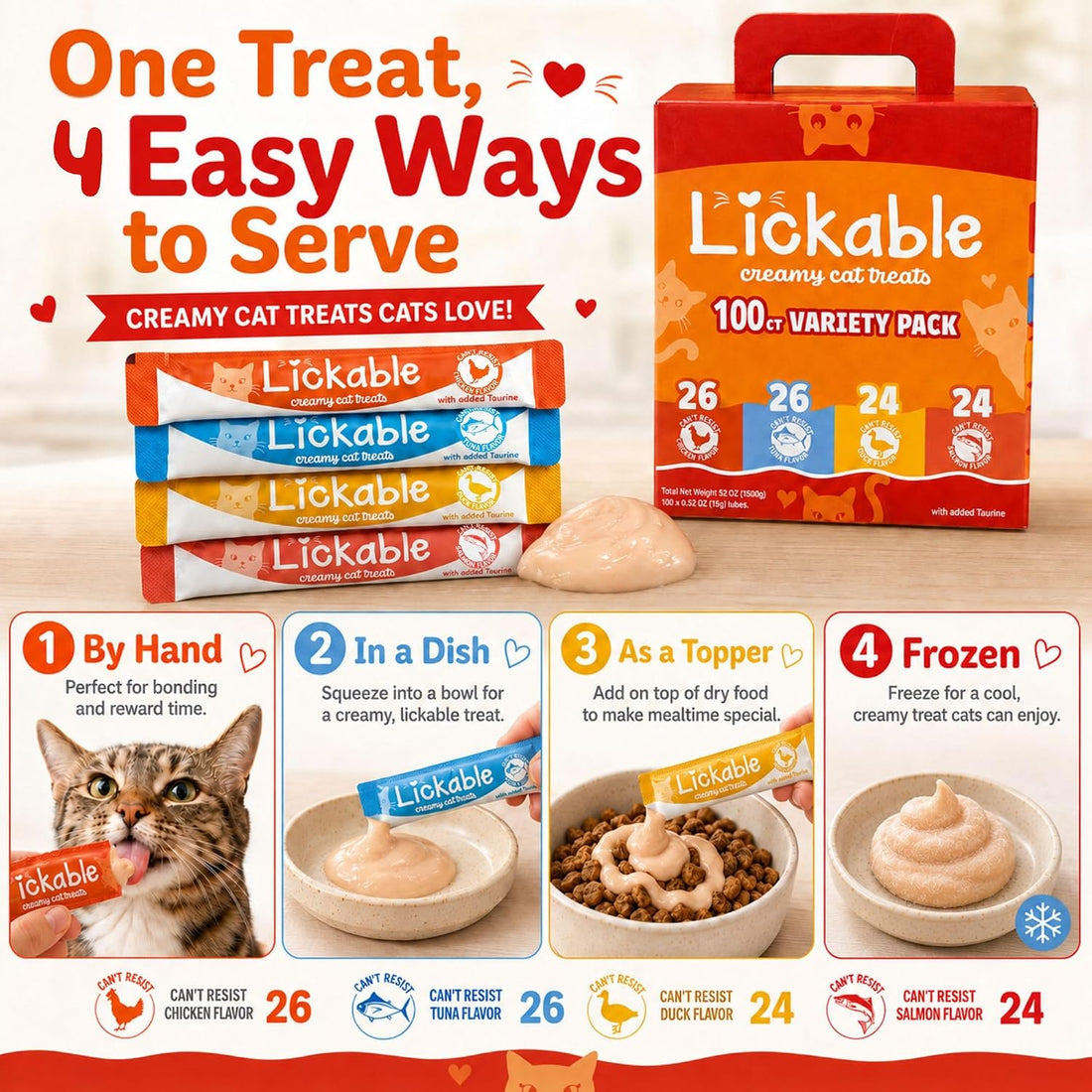 Fieldcrest Farms Lickable Cat Treats, 100 Count Variety Pack