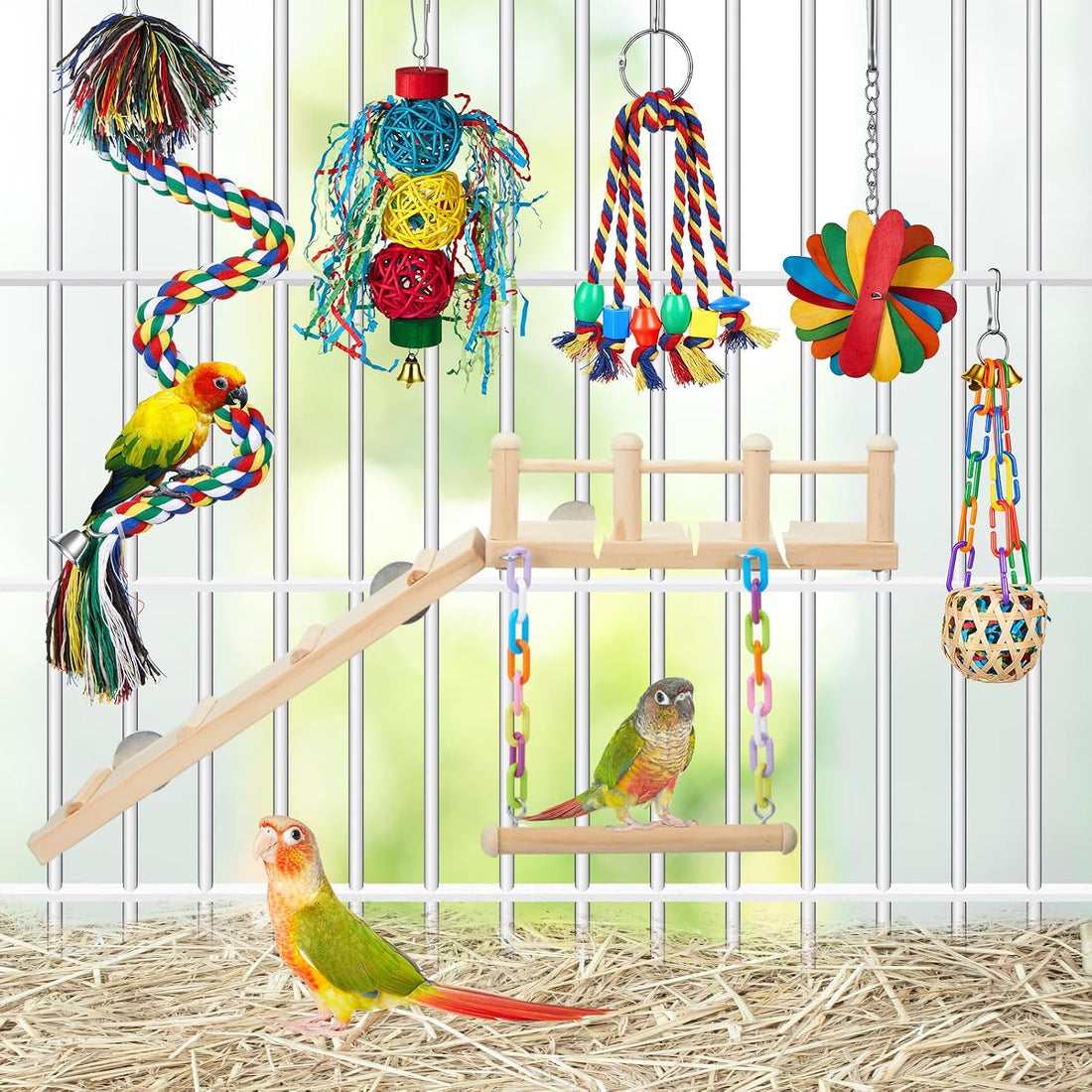 14 Pcs Parakeet Cockatiel Bird Toy with Platform