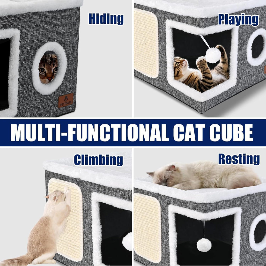 Cat Beds for Indoor Cats, Large Cat Cave Bed with Scratch Pad