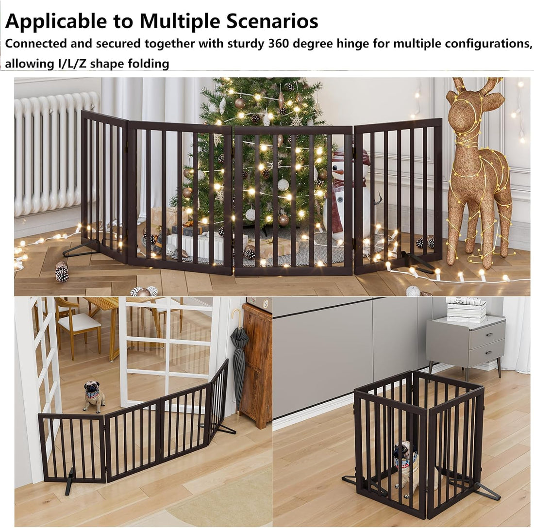 Wooden Dog Gate Freestanding Foldable 4 Panel Pet Gates Extra Wide